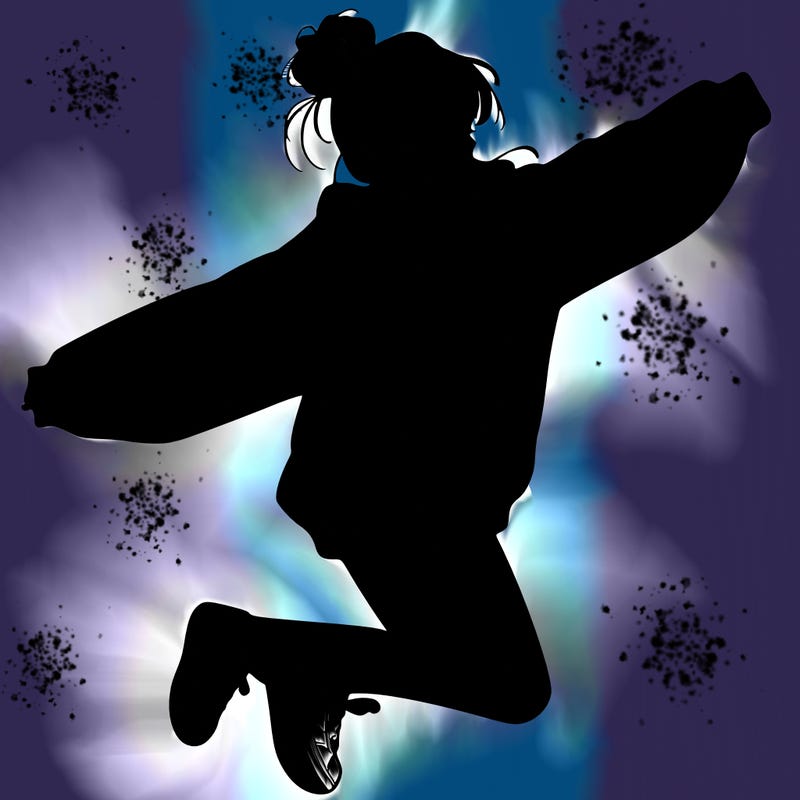 realistic girl jumping with a bun and oversized sweatshirt