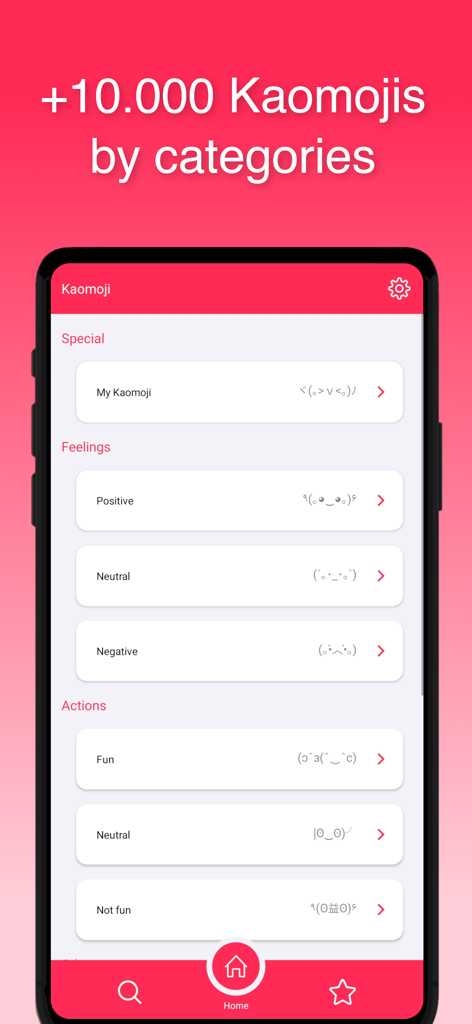 Kaomoji Emoticon - Mobile screen of the Kaomoji Emoticon app showing text emojis organized by categories like feelings and actions