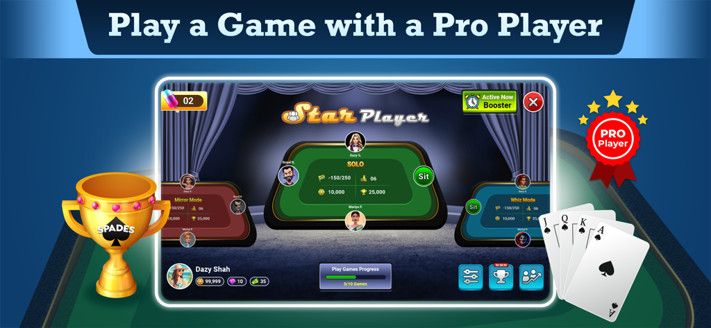 Spades King: Classic Card Game - Spades King app interface showing various game modes like Solo and Mirror Mode with a Pro Player badge