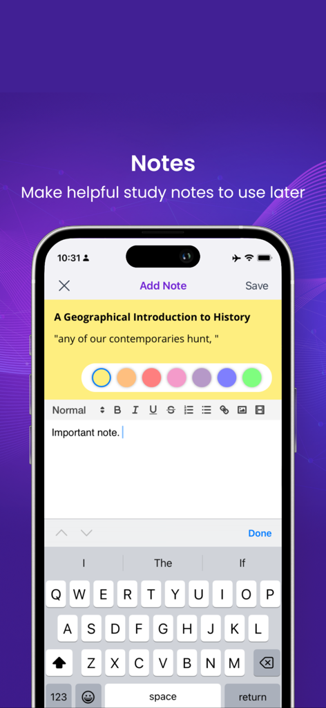 Kortext - Digital note-taking screen in the Kortext app showing color-coded highlights and text formatting for academic study.