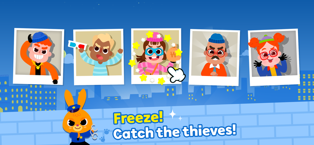 Pinkfong Police Heroes Game - Pantalla del juego Héroes de Policía Pinkfong que muestra una fila de ladrones para atrapar con un personaje de conejo policía
