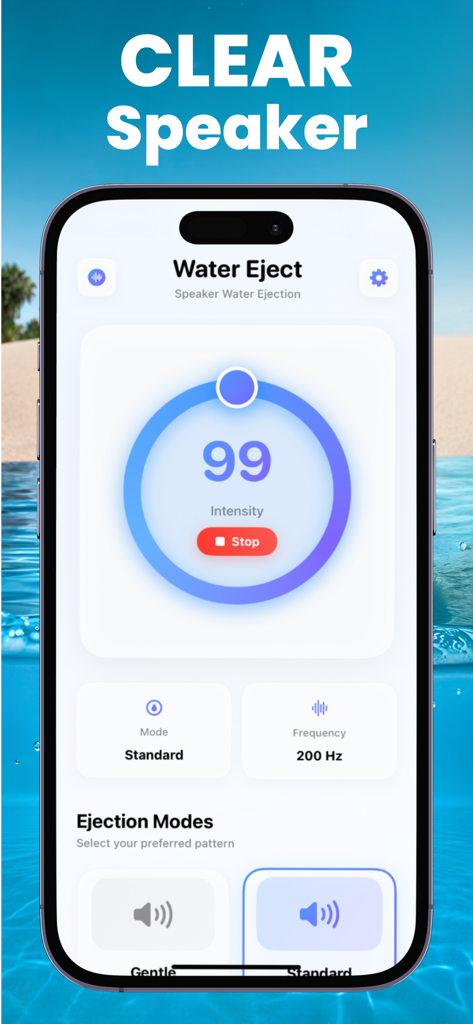 Water Eject Pro - Smartphone screen displaying the Water Eject Pro app speaker cleaning feature with adjustable intensity and frequency.