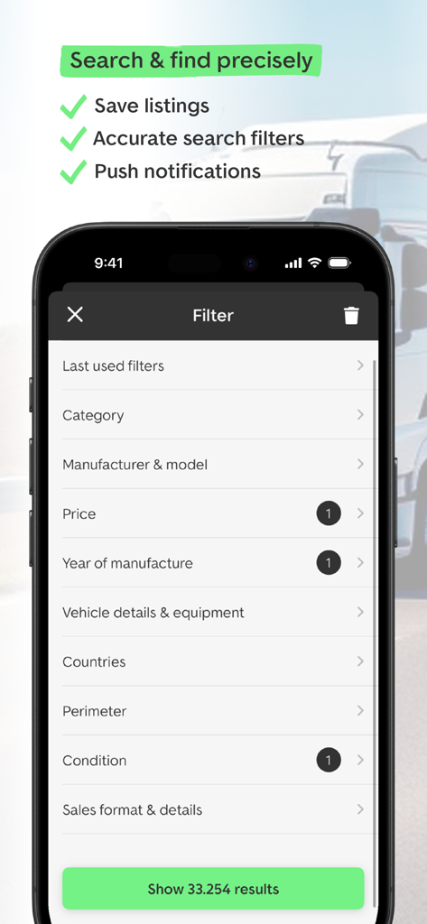 TruckScout24 - Screenshot della schermata dei filtri di ricerca dell'app TruckScout24 che mostra varie categorie per trovare veicoli commerciali.