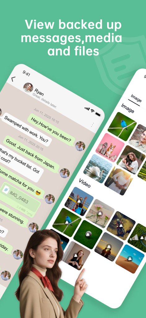 WAMR:Dual Messenger -Whats web - Interface of WAMR app showing backed up chat messages and media gallery