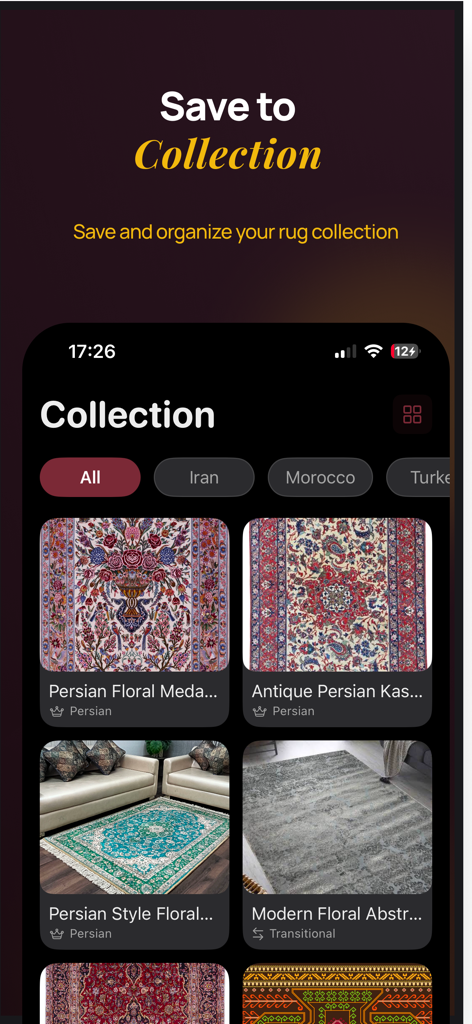 Rug Identifier - Mobile app interface showing a saved collection of Persian and antique rugs organized by origin