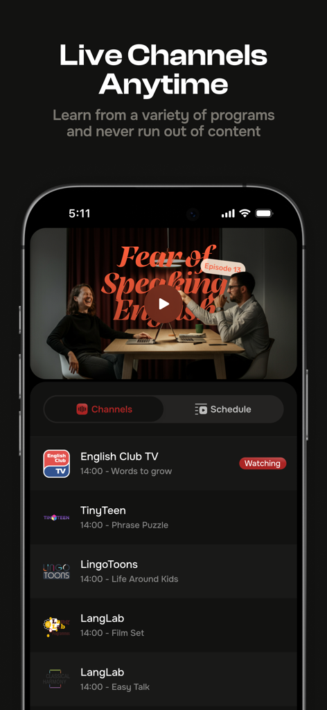 English Club - Daily Challenge - Interfaz de la aplicación English Club con canales de video en vivo y lecciones de aprendizaje de idiomas