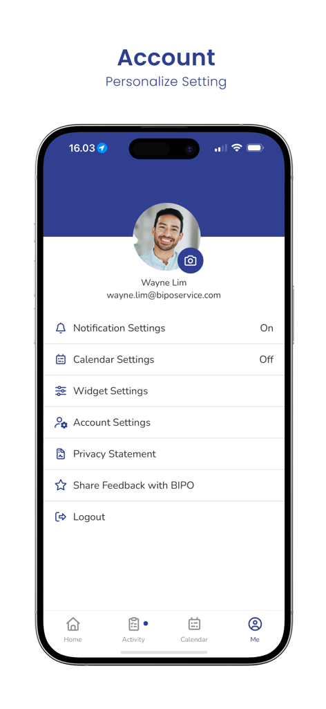 BIPO HRMS v2.5のアカウントプロフィール画面。通知、カレンダー、プライバシーの設定が表示されます。