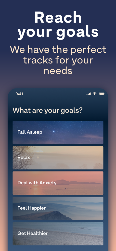 Breethe: Sleep & Meditation - Interface of the Breethe app showing options to choose wellness goals like sleep and relaxation