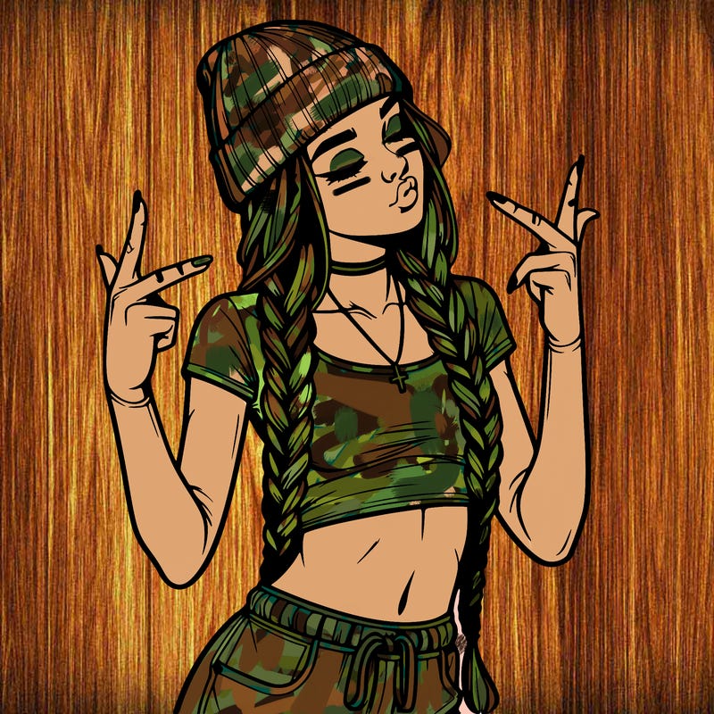 realistic teenage girl with braids and a beanie and crop top doing 🫶🏼