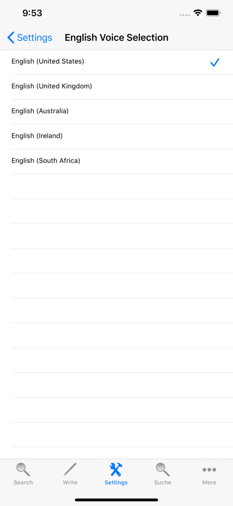 Bildschirm, der englische Sprachauswahloptionen anzeigt, mit ausgewähltem US-amerikanischen Akzent in der deutschen Wörterbuch-App