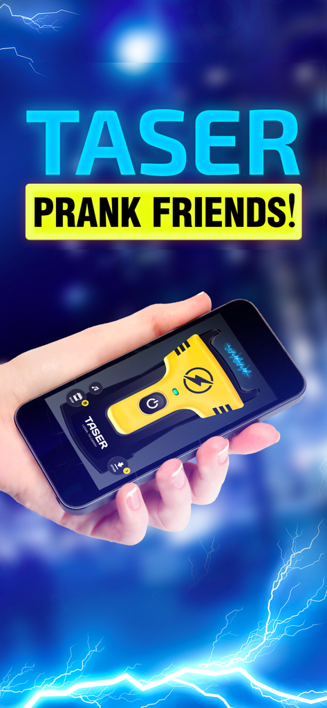 A hand holding a smartphone displaying a virtual yellow stun gun for pranking friends
