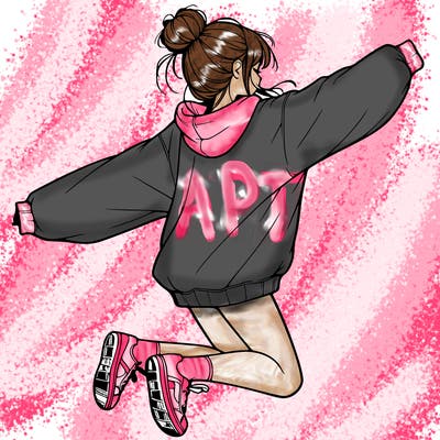 realistic girl jumping with a bun and oversized sweatshirt