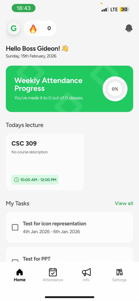 Fred for students - Panel de la aplicación Fred para estudiantes que muestra el progreso de asistencia y el horario diario de cursos.