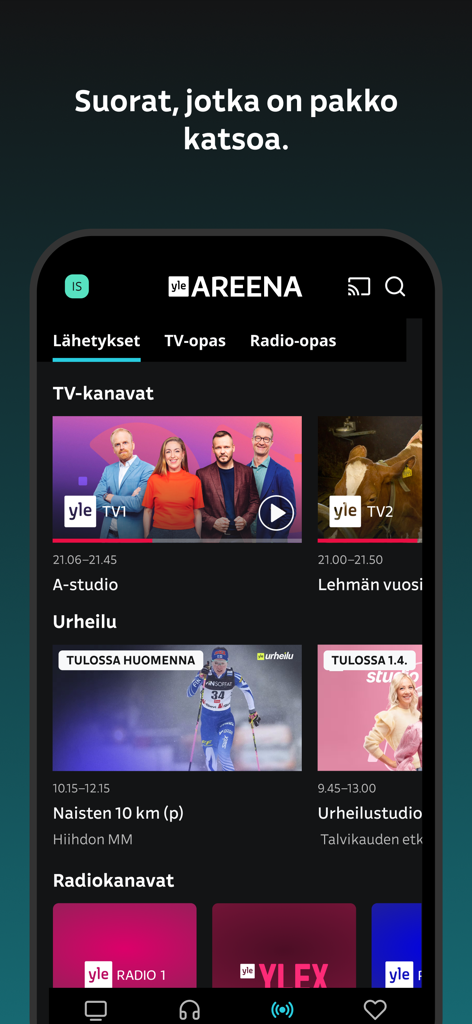 Yle Areena - Yle Areena app interface showing live Finnish TV channels, sports programs, and radio stations