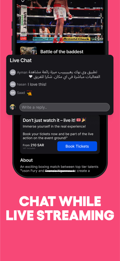 webook.com – fun things to do - A mobile interface showing a boxing match live stream with a live chat overlay and a book tickets button