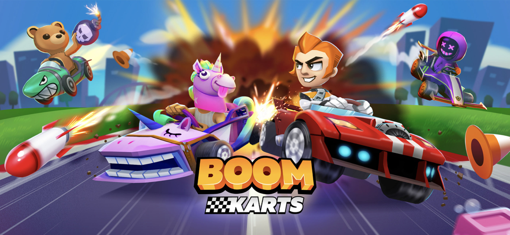 Boom Karts Multiplayer Racing - Carreras de karts multijugador llenas de acción con personajes coloridos y explosiones.