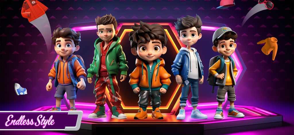 Character Maker : Anime Avatar - Cinco personajes masculinos de anime parados en un escenario brillante mostrando diferentes atuendos elegantes