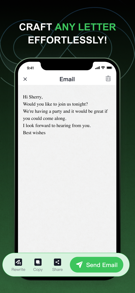 AI Email: AI Writer Assistant - AI Emailライターアプリのインターフェースで、下書きされた手紙が表示され、コピーを書き直す、共有する、送信するオプションがあります。