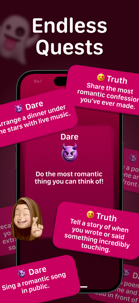 Spicy Truth or Dare 18 Game - Mobile app interface showing romantic truth or dare cards and challenges for couples.
