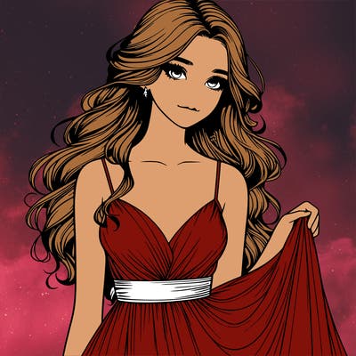 realistic girl in flowy silky prom dress