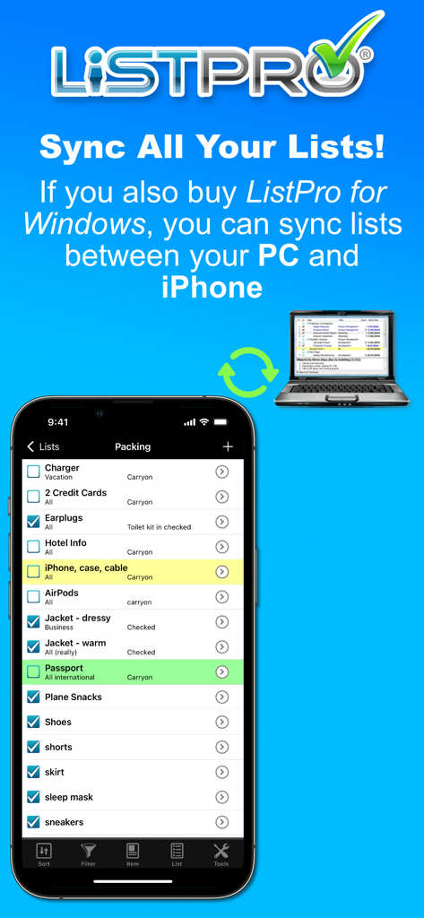 ListPro - A screenshot showing the ListPro app syncing data between a Windows PC laptop and an iPhone with a packing list.