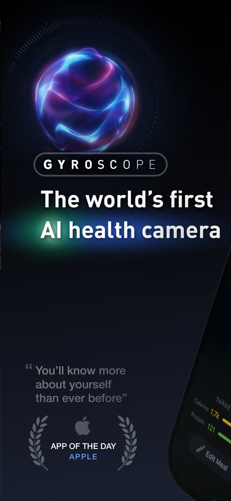 Gyroscope - Gyroscope app splash screen featuring the AI health camera and Apple App of the Day award