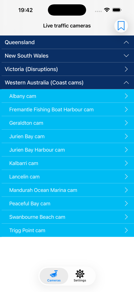 A list of coastal camera locations in Western Australia within the Traffic Cameras Australia mobile app