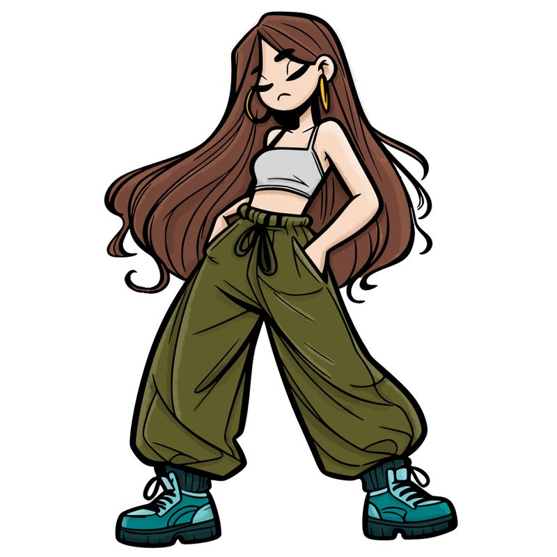girl in baggy pants crop top and long hair