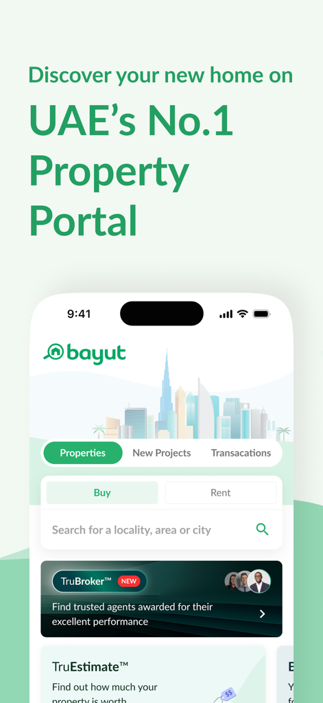 Bayut mobile app home screen for searching UAE real estate listings with buy and rent options