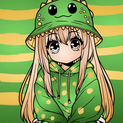 girl with anime shaped eyes with a dinosaur bucket hat oversized sweatshirt long straight hair