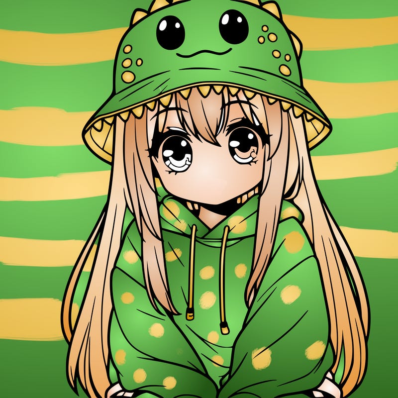 girl with anime shaped eyes with a dinosaur bucket hat oversized sweatshirt long straight hair