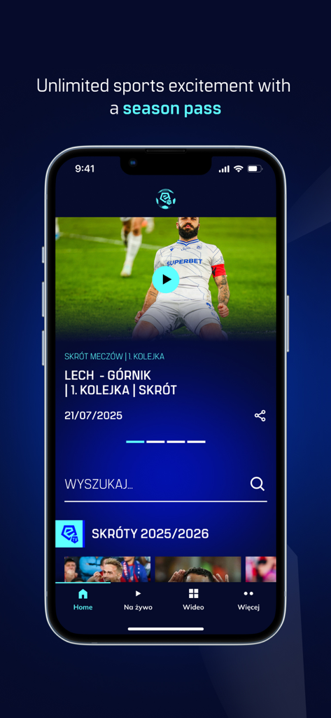 Ekstraklasa TV app interface showing Polish football match highlights and season pass promotion