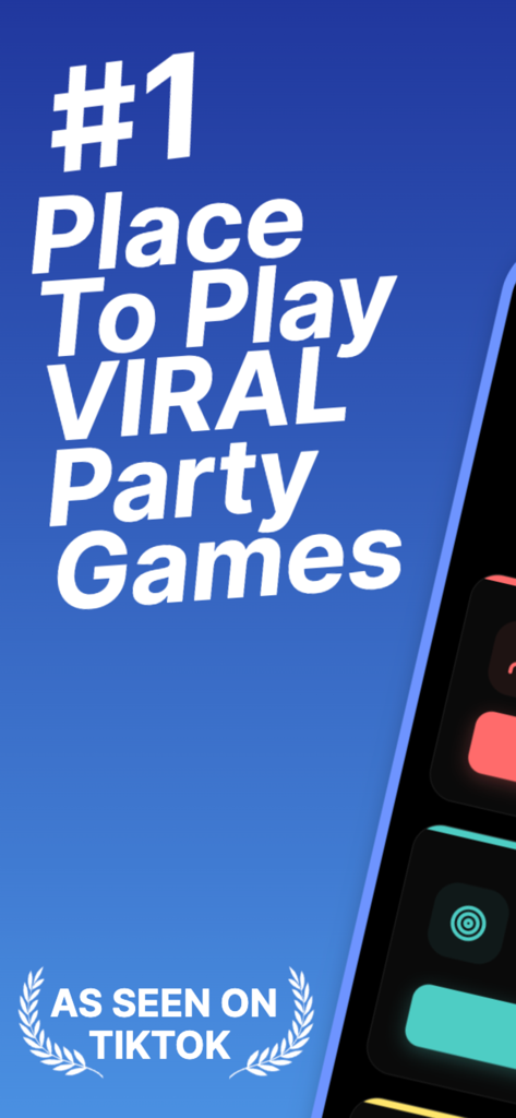 Pantalla promocional de la aplicación Game Night destacando juegos virales para fiestas y la insignia 'Como visto en TikTok'