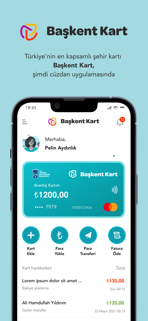 Interface de l'application mobile Başkent Kart montrant le solde d'un portefeuille numérique et les options de transaction financière