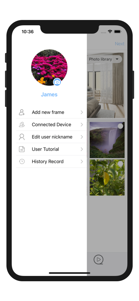 VPhoto app sidebar menu showing options for photo frame management and user profile