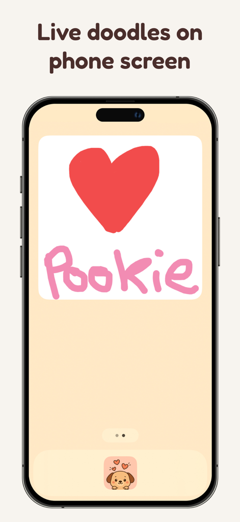 Pookie - Raise a shared pet - Pantalla de smartphone mostrando un corazón rojo dibujado a mano y la palabra Pookie en rosa
