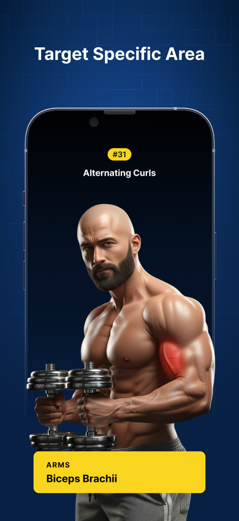 P4P Armify: Arm Workout - Un modelo anatómico 3D que muestra a un hombre realizando curl de bíceps alterno con el músculo objetivo resaltado en rojo.
