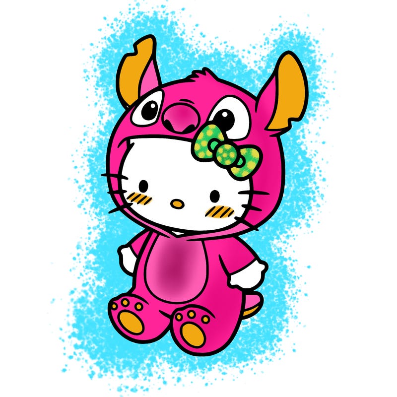 little cute hello kitty, blushing with little stitch costume