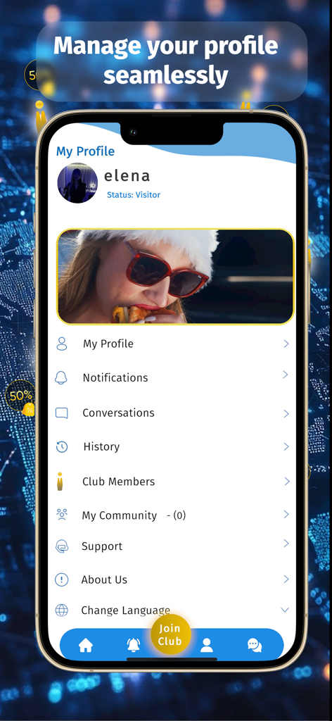 Ecrã do perfil do utilizador da aplicação móvel Club IGlobal mostrando definições de perfil e opções de conta