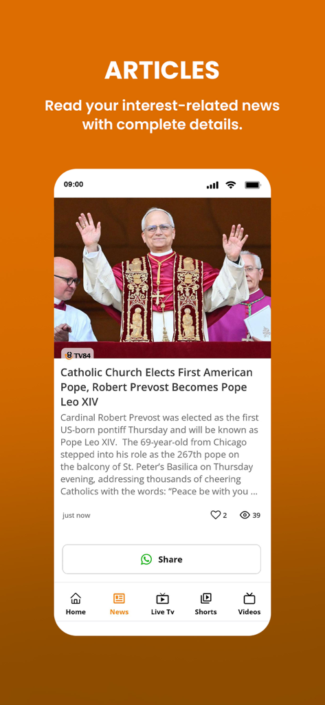 TV84 News - TV84 News app mobile interface showing the articles section with a featured news story.