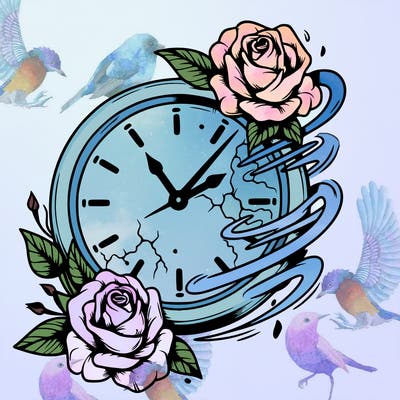 a realistic the clock that appears to be fading away with wilting roses