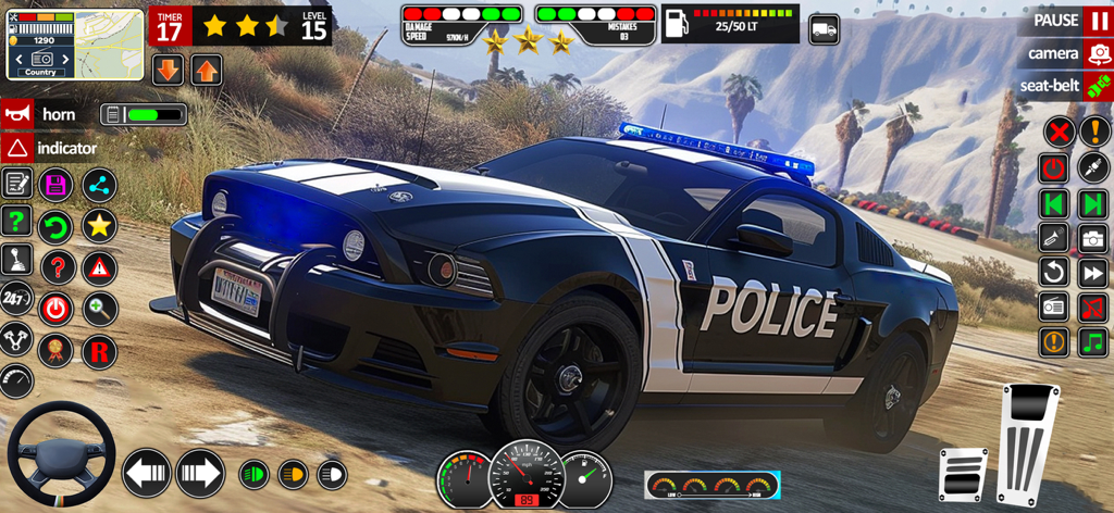 US Police Cop Car Chase Game - Juego de Persecución de Coches de Policía de EE. UU. con un coche musculoso negro e interfaz de controles de juego móvil