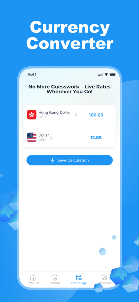 Interfaz de la aplicación móvil de la función de convertidor de divisas que muestra tipos de cambio en vivo entre el dólar de Hong Kong y el dólar estadounidense.
