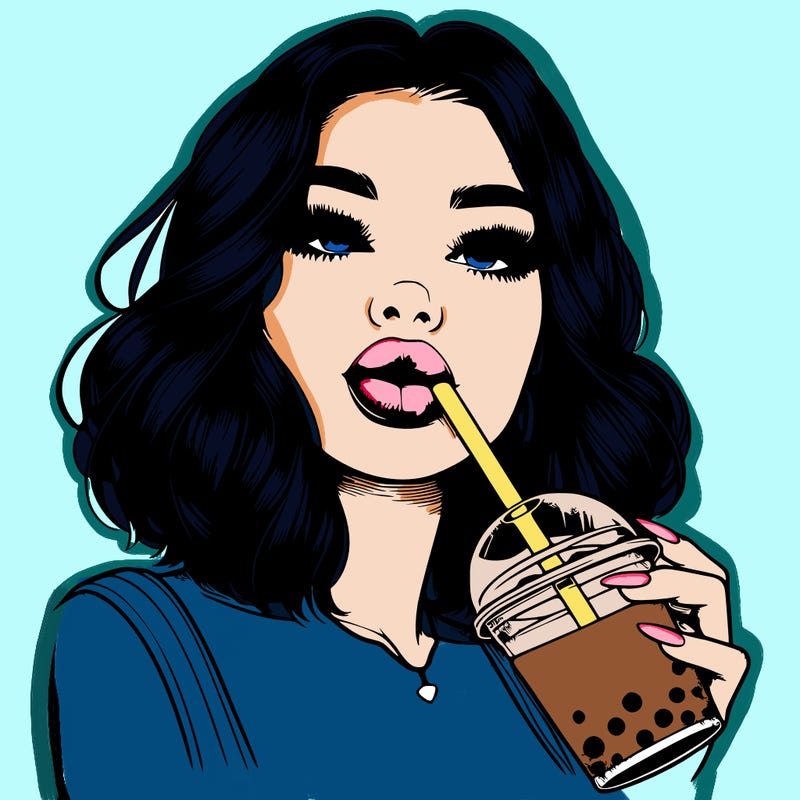 realistic girl with glossy lips holding boba