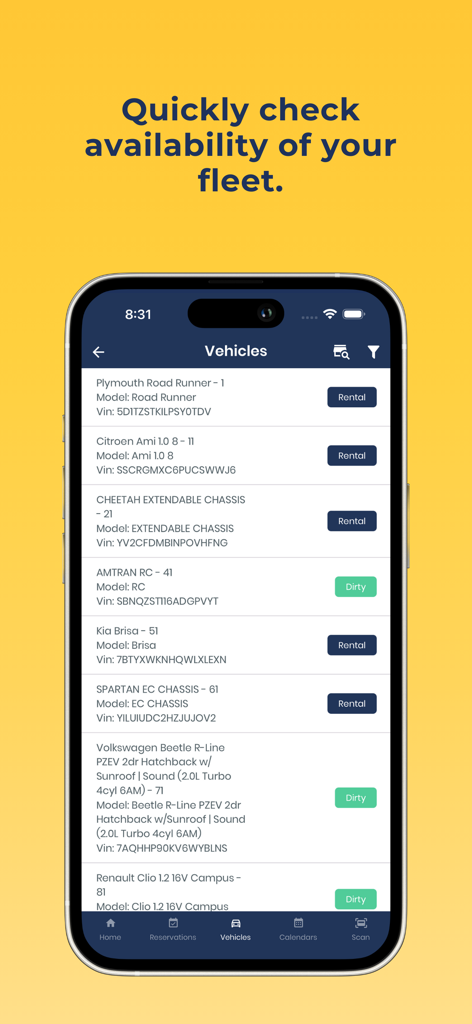 HQ Rentals - Ecrã da aplicação HQ Rentals mostrando a disponibilidade de veículos da frota e o estado de manutenção