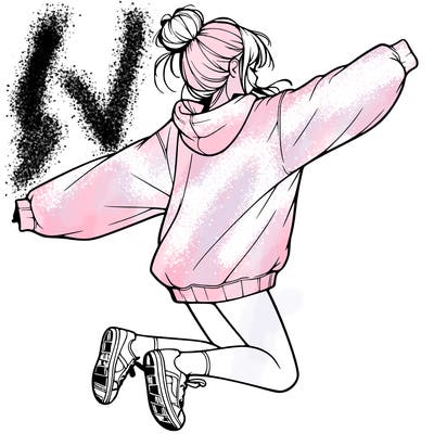 realistic girl jumping with a bun and oversized sweatshirt