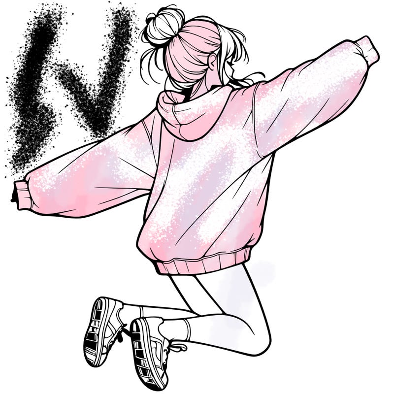 realistic girl jumping with a bun and oversized sweatshirt