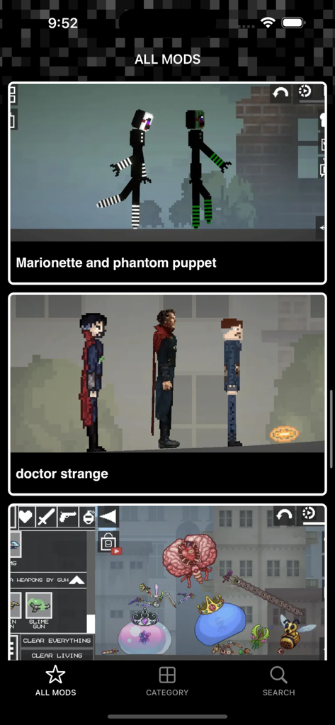 Tela do aplicativo exibindo mods de personagens como Doutor Estranho e marionete para jogabilidade sandbox.