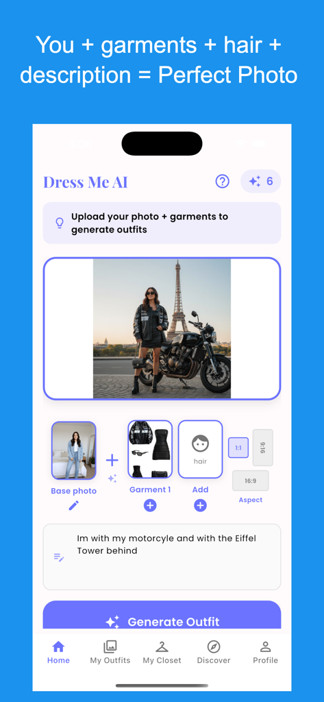 Dress Me AI - Outfits Try On - Interface of Dress Me AI app showing the process of generating an outfit using a base photo, garment selection, and a text prompt