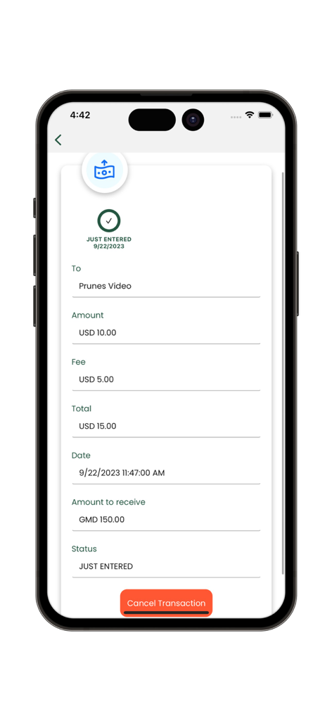 SIKACASH+ - SIKACASH mobile app transaction receipt showing USD to GMD conversion